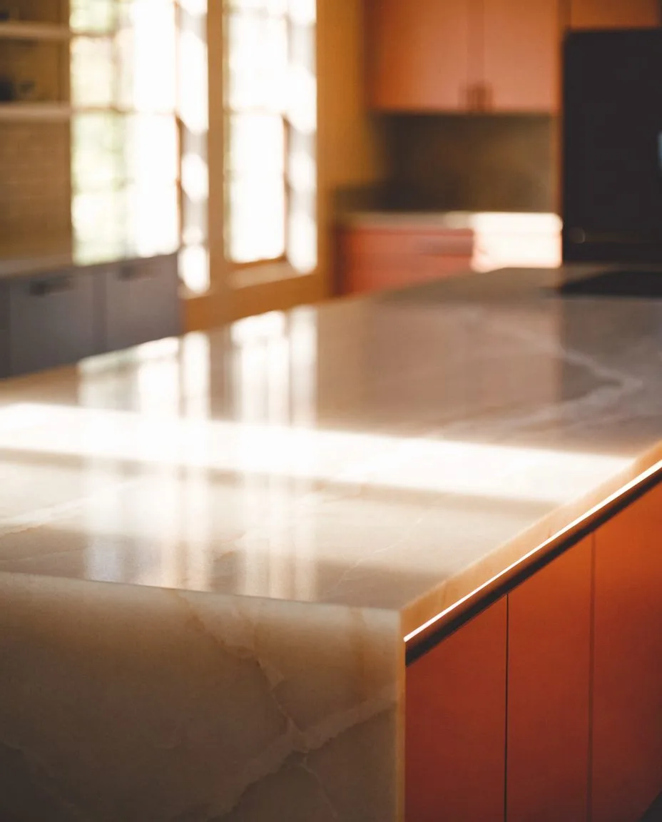 Countertop contractor Davie, FL: a quartz slab templated and set on new cabinets in a rebuilt kitchen