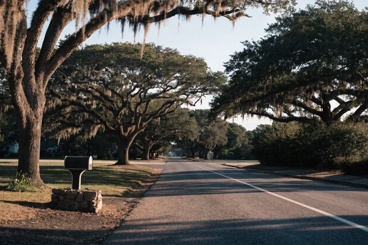 A two lane road in Davie heading east under mature oaks toward the intersection, a stone mailbox at waist height in the foreground and no wall along the frontage
