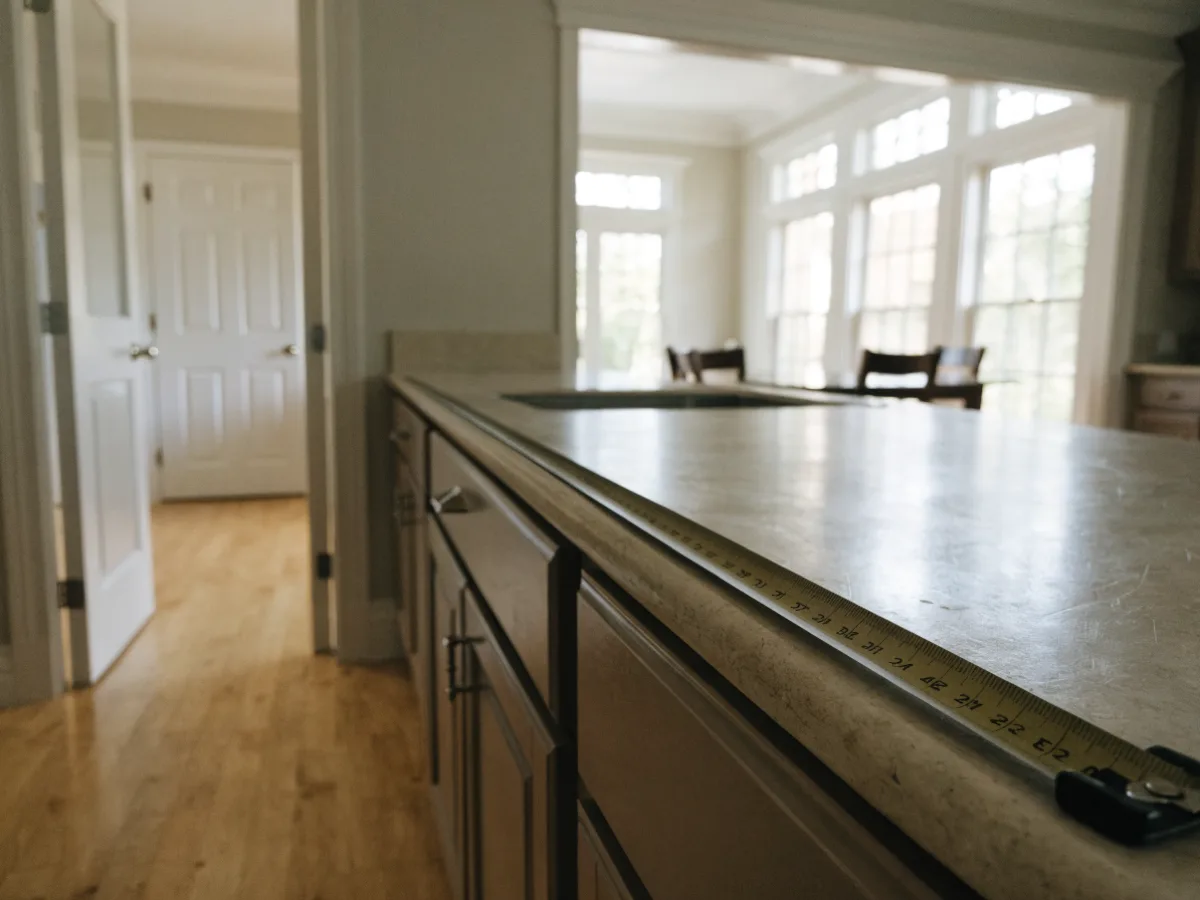 A tape measure pulled out along an existing kitchen counter in a Davie house, the run carrying on past the edge of the frame