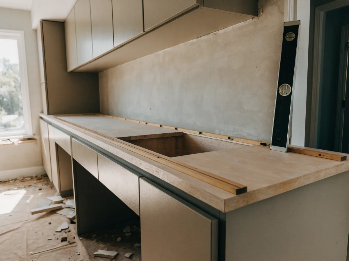 A template being taken over the installed cabinets of a Davie kitchen, profile strips laid along the run with a level standing beside them