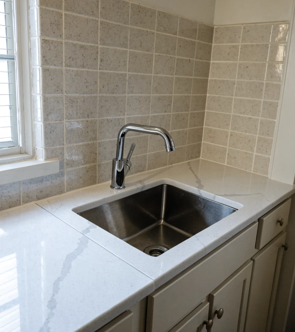 Countertop contractor near Nova Southeastern University in Davie: a finished quartz counter in a compact unit kitchen, one straight run with a single seam and the undermount sink in its original position