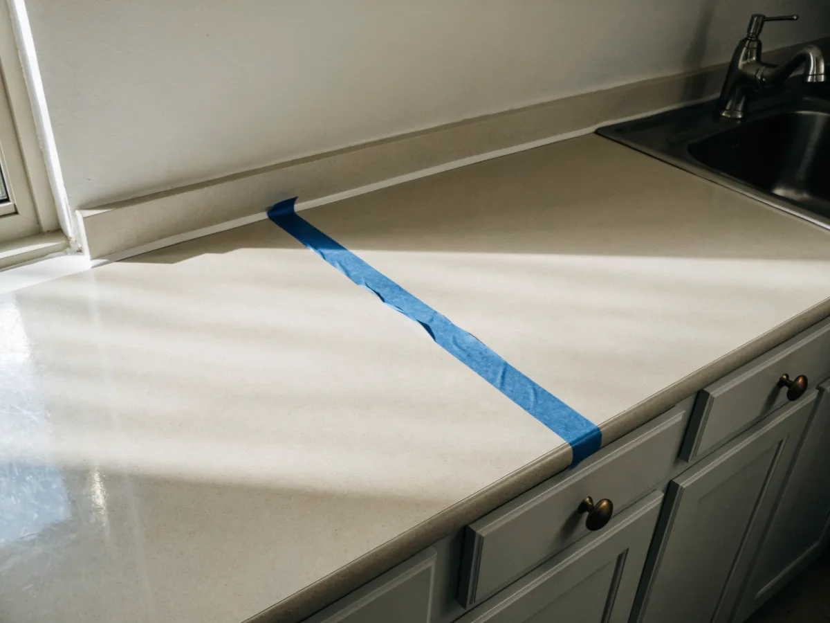 The existing counter in a Davie unit with the seam position marked in blue tape on the old laminate and the sink still in place
