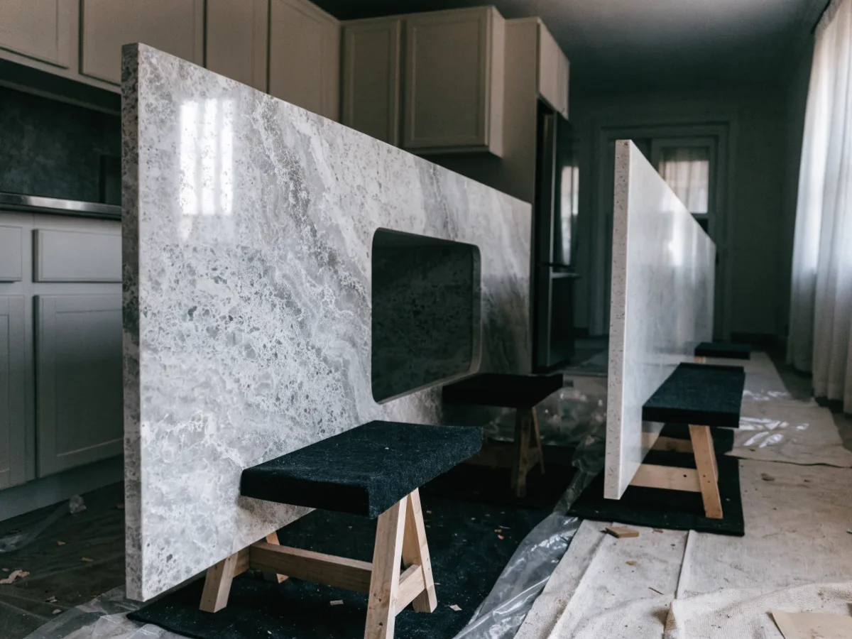 Fabricated quartz pieces standing on edge on felted trestles beside the cabinet run of a Davie kitchen