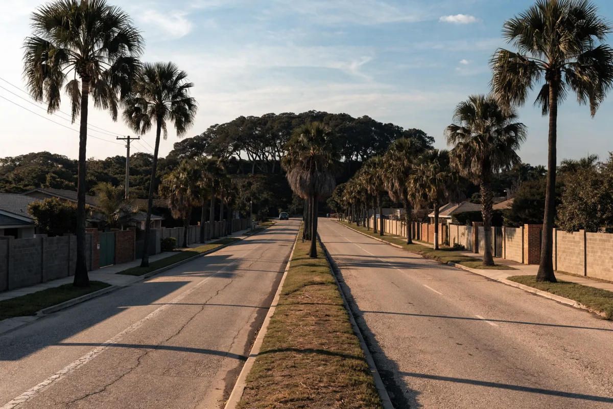 The boulevard through Davie toward Pine Island Ridge, cabbage palms on the median and the wooded rise in the distance