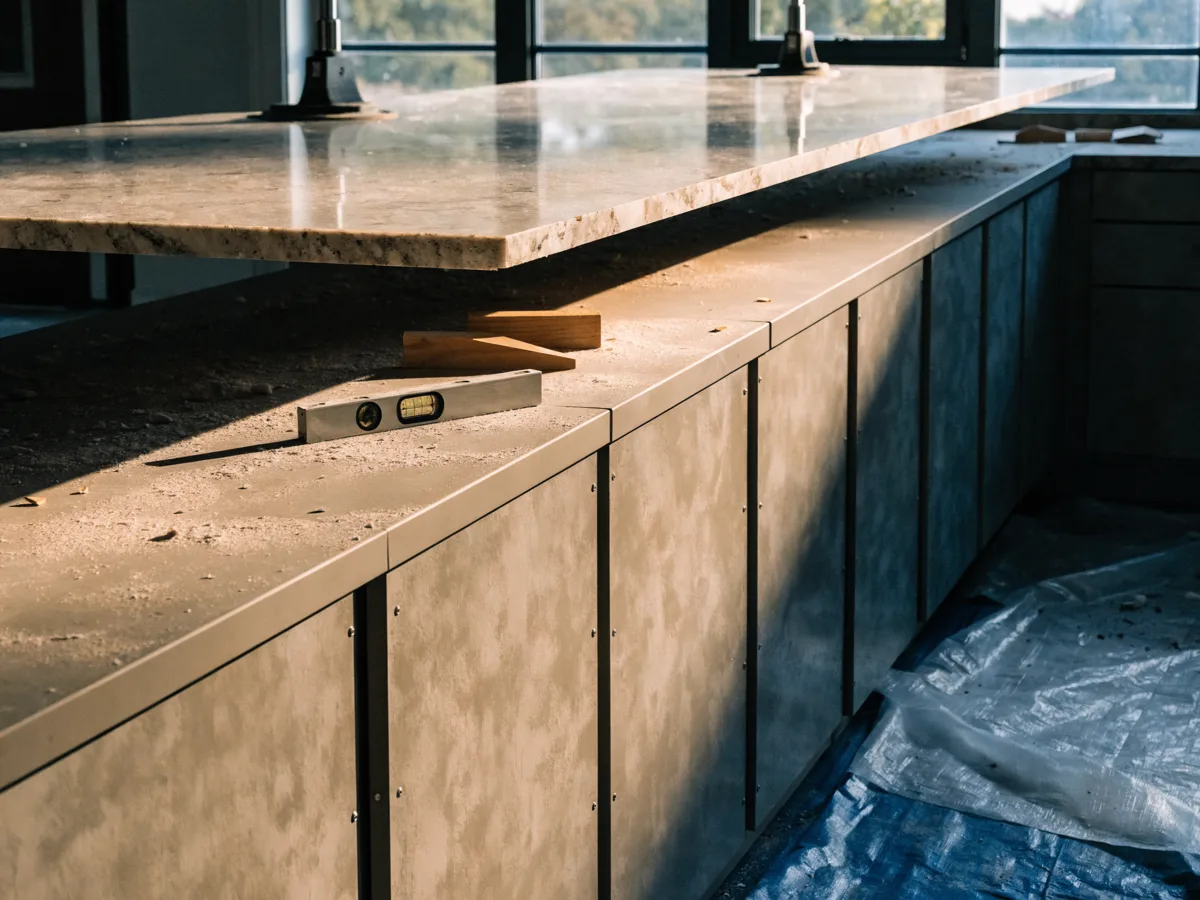 A fabricated slab being set and shimmed on the cabinet run of a kitchen near Pine Island Ridge in Davie
