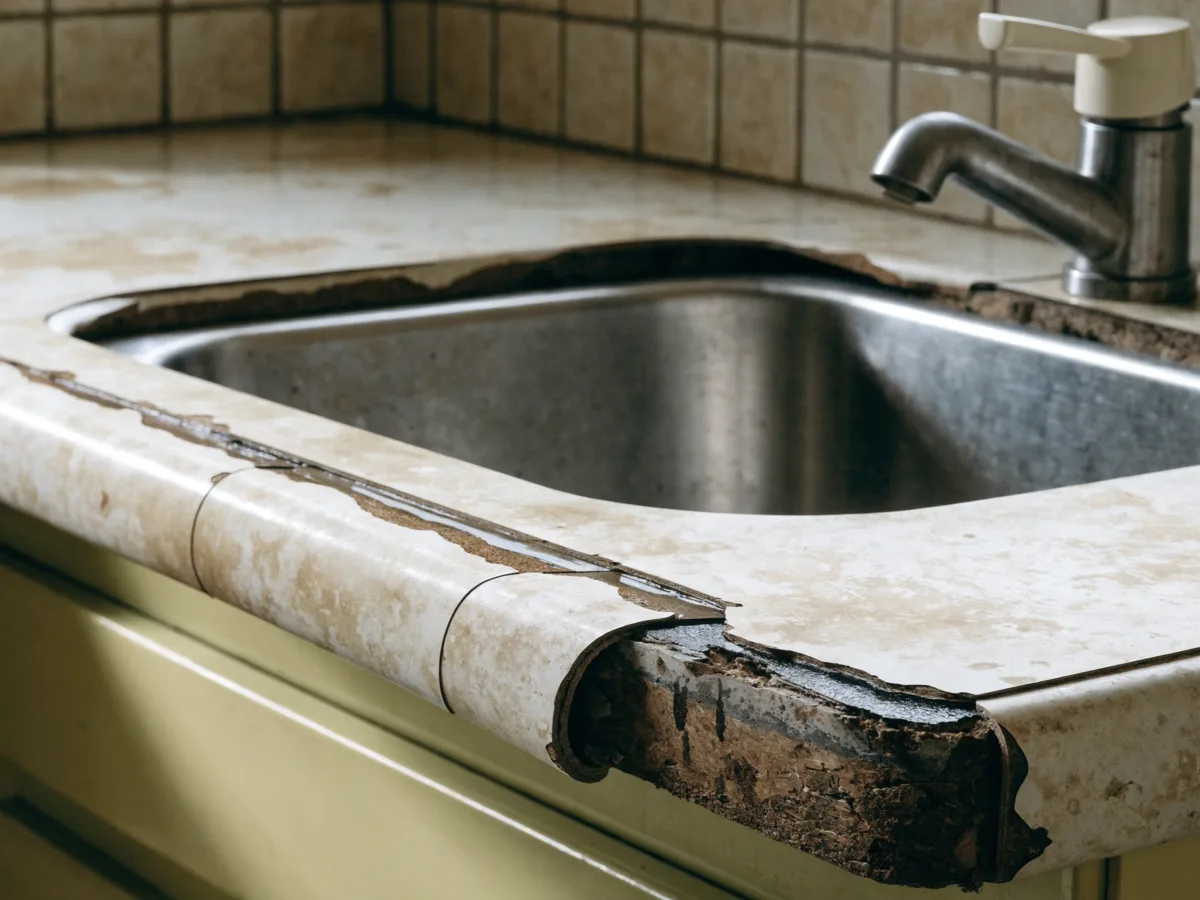 Countertop contractor near Pine Island Ridge in Davie: an original 1980s laminate counter with the seam lifted beside the drop in sink