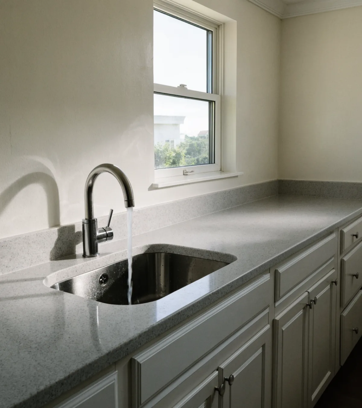 Countertop contractor near Western High School in Davie: a finished quartz counter with an undermount sink and the faucet reconnected and tested