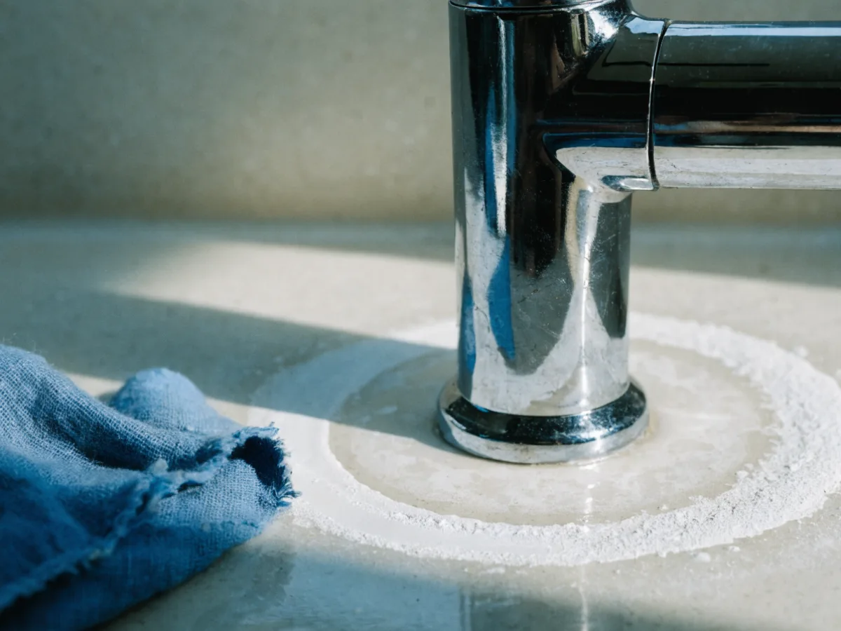 White mineral deposit around a faucet base on a light non porous counter in a west Davie kitchen, half of it already wiped away with a cloth