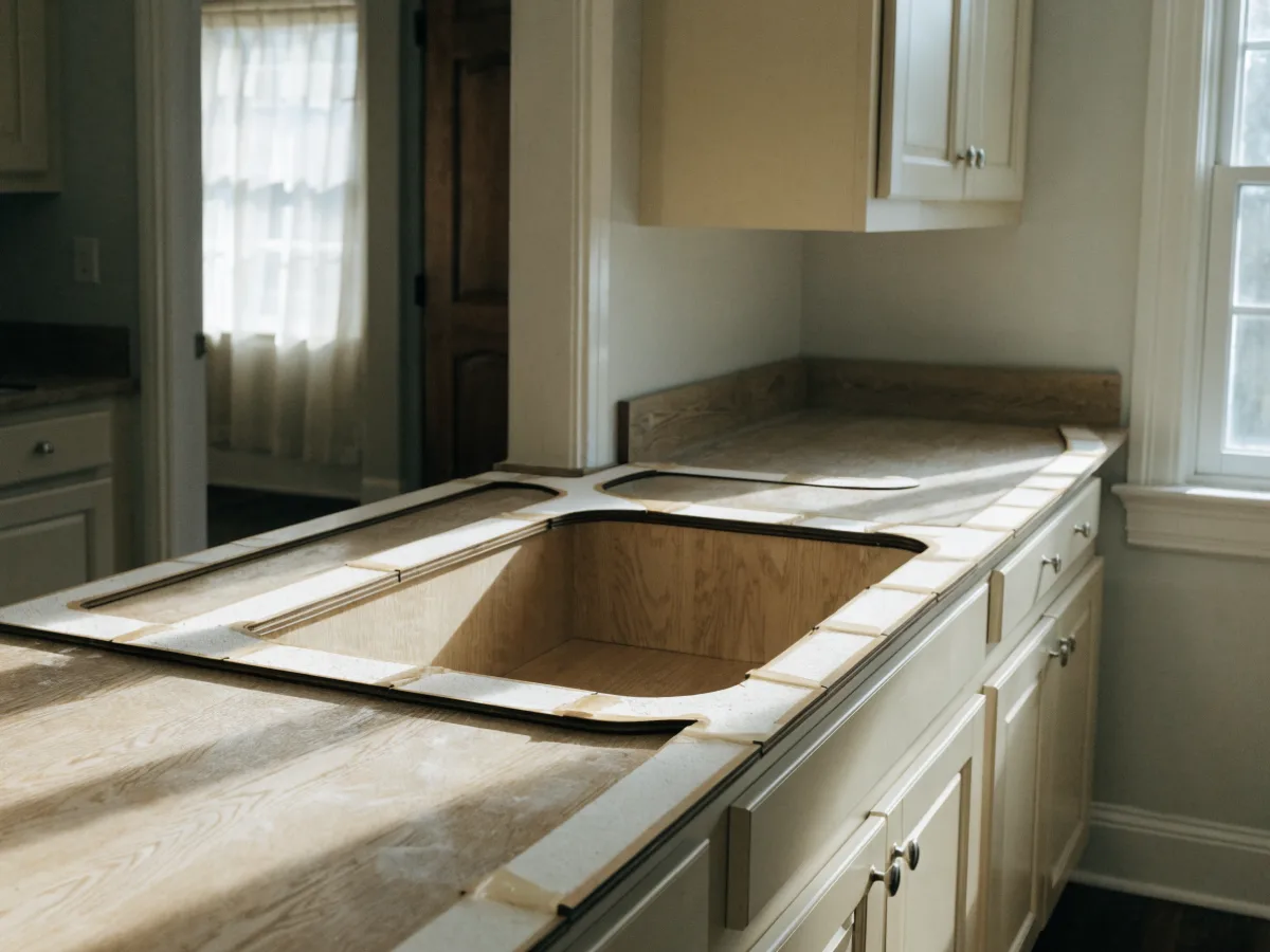 A countertop template being taken directly on the installed cabinet run of a west Davie kitchen, with no slab set yet