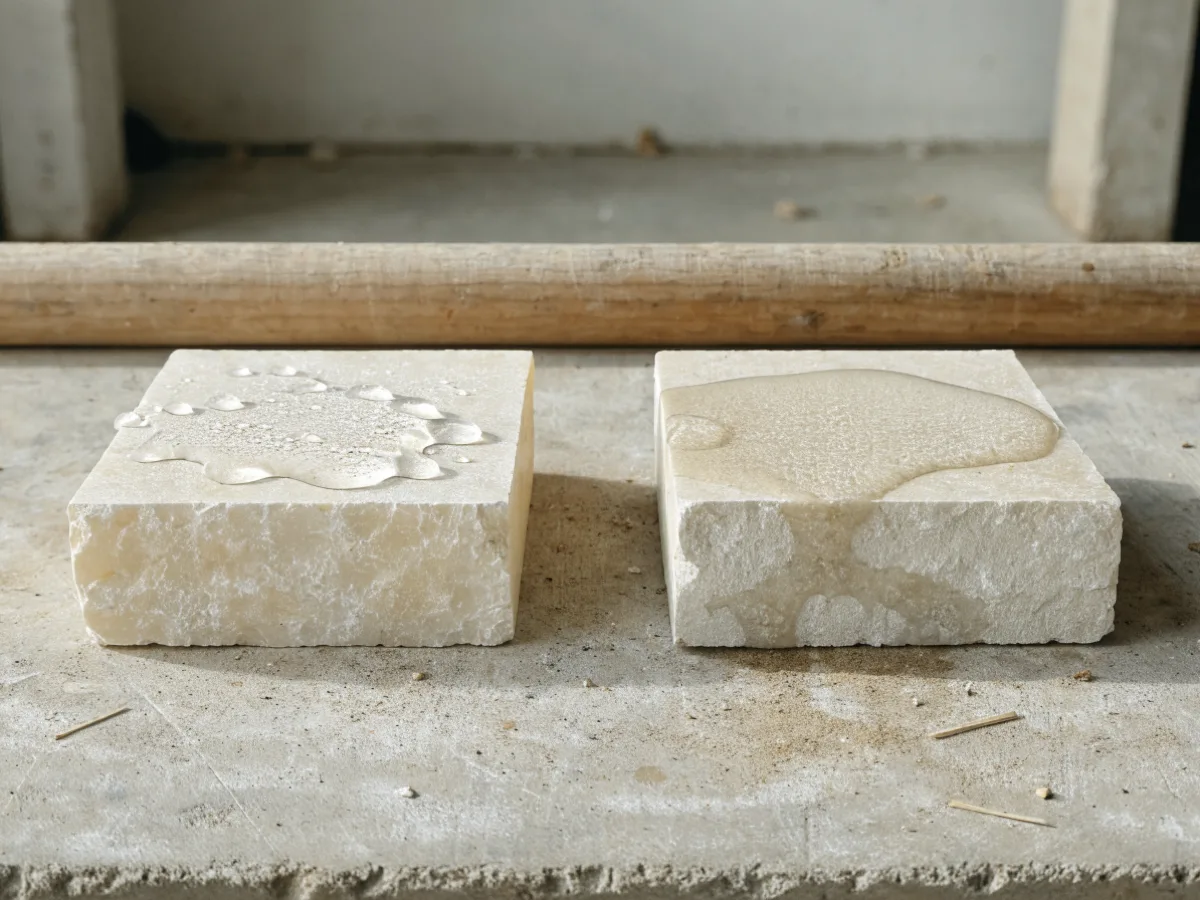 Two offcuts of the same stone side by side, water beading on one and darkening the other where it is being absorbed
