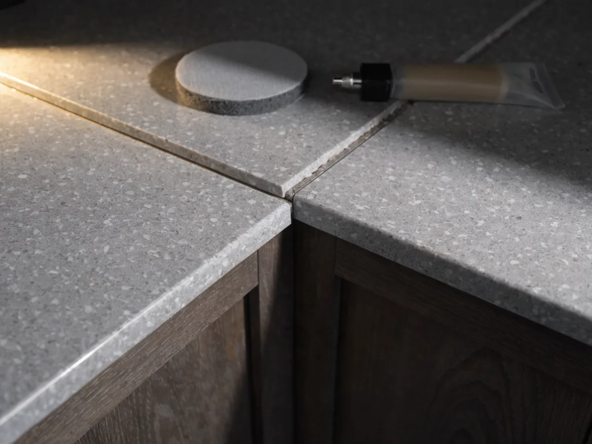The seam between two slabs at the corner of a cabinet run being closed and polished after the counter is set in a west Davie kitchen