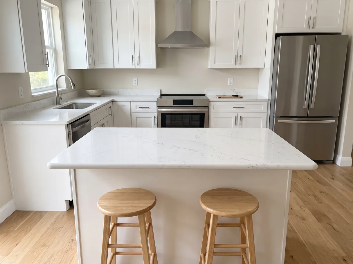 How to choose a countertop edge profile in Davie: a finished kitchen island with a white quartz top, a softly rounded front edge, two stools and white shaker cabinets behind it