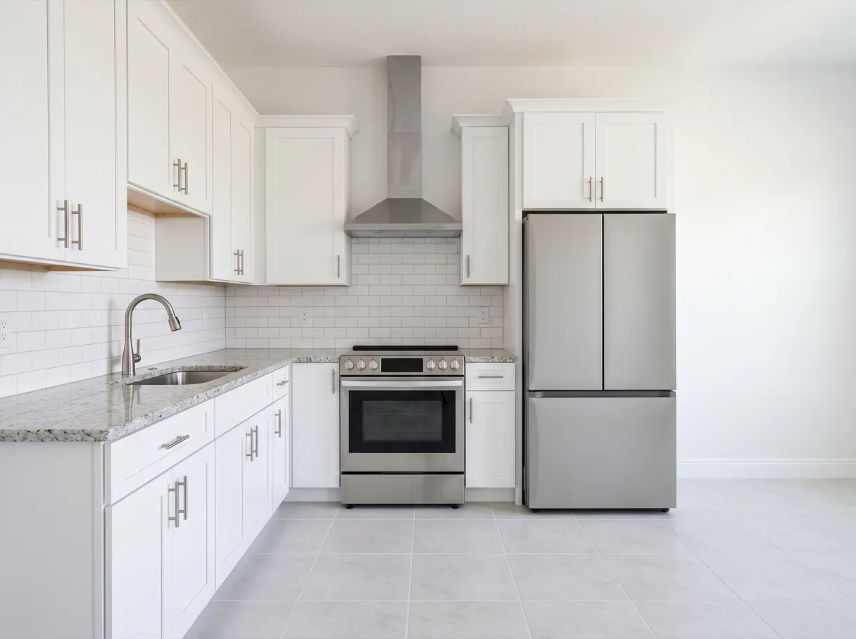 A finished kitchen with a light stone countertop along two walls, a stainless refrigerator at the end of the run, white cabinets and a tile backsplash