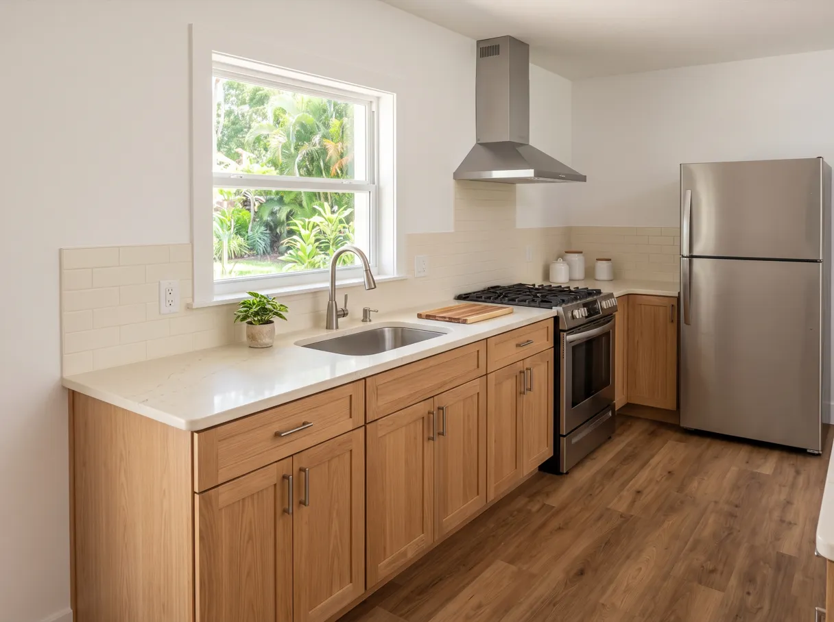A finished kitchen with a cream quartz countertop along the wall, a stainless range, a window above the sink and light wood cabinets, the front edge of the counter in view