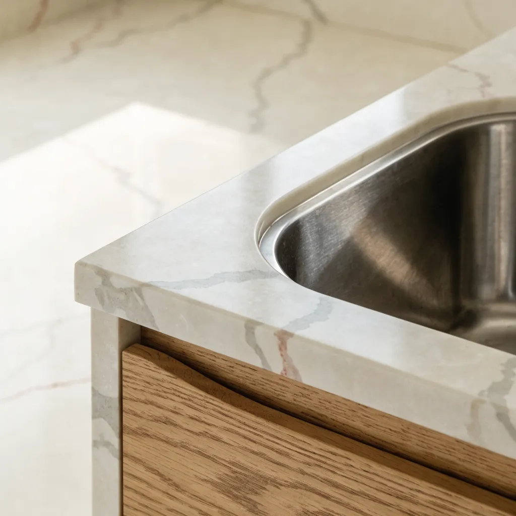 A stainless undermount sink fixed under a new stone top in a Davie kitchen, the cutout fabricated and polished