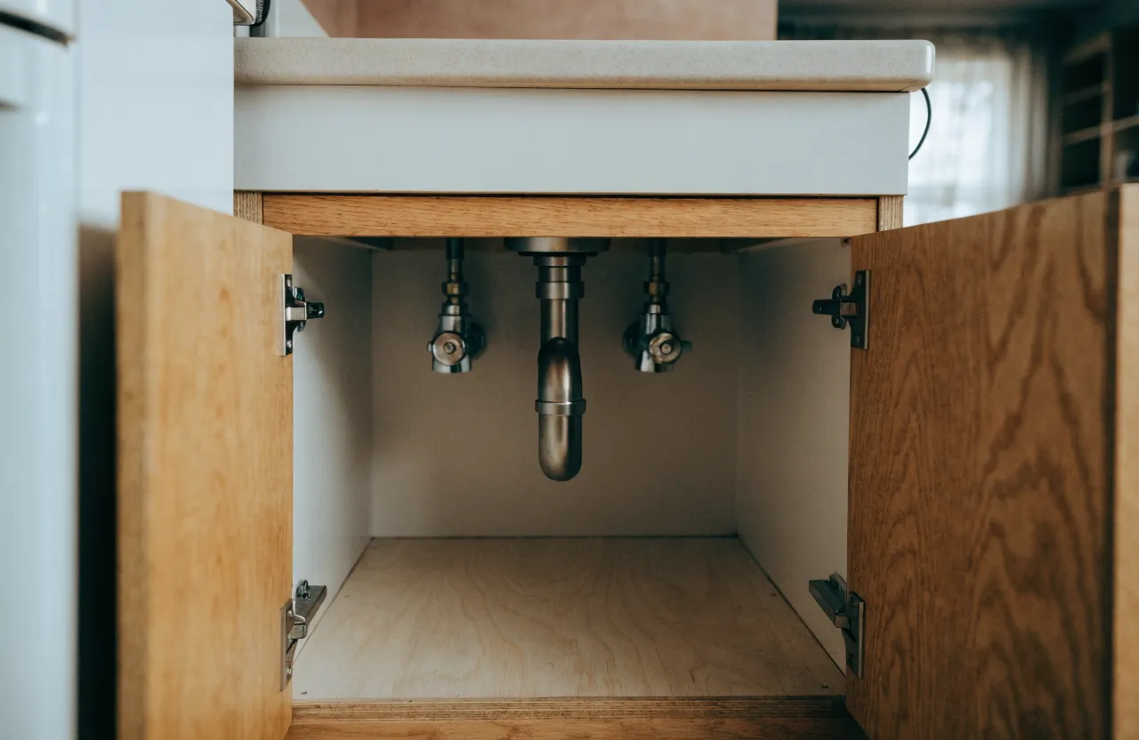 The cabinet boxes of a Davie kitchen with the doors open, the sink base dry and square, sound enough to carry a stone top