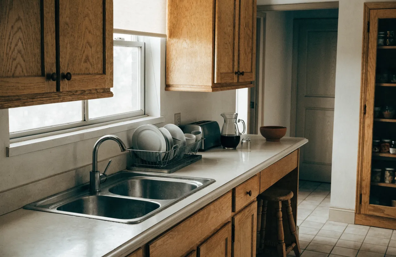 A well-kept 1980s Davie kitchen still in daily use, oak fronts and the original cream laminate counter along the run