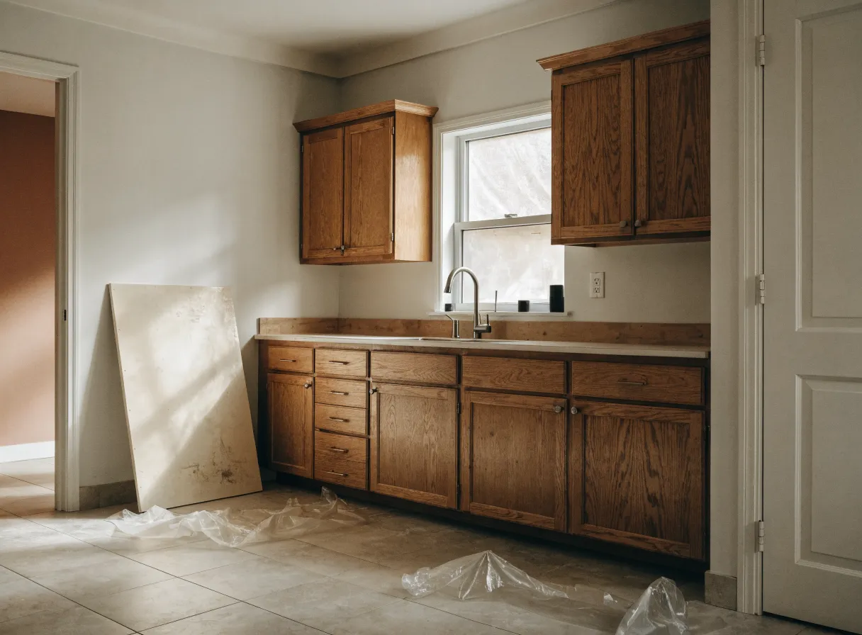 Countertop replacement in Davie, FL: the old laminate top lifted off, the particleboard deck and the open cabinet boxes underneath