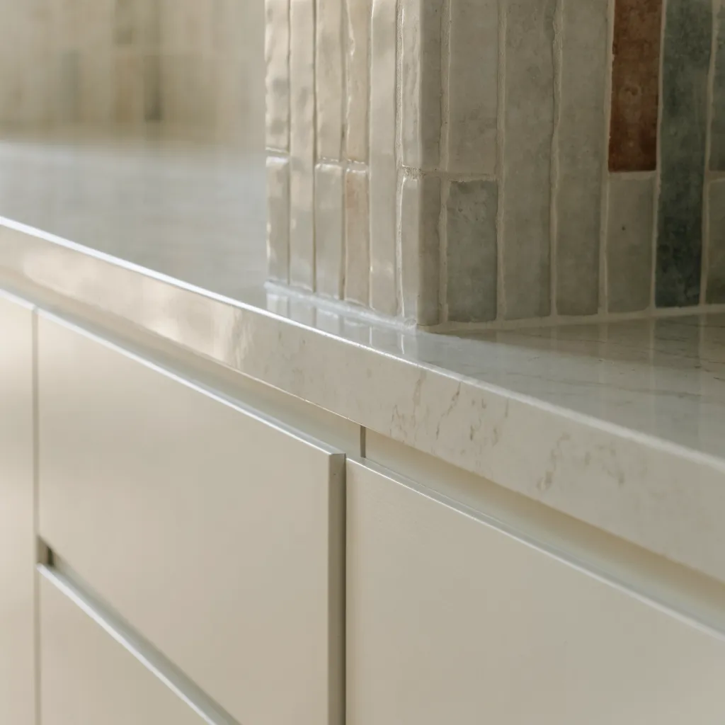 A new stone counter dying into the existing tile backsplash of a Davie kitchen, the joint closed along the wall