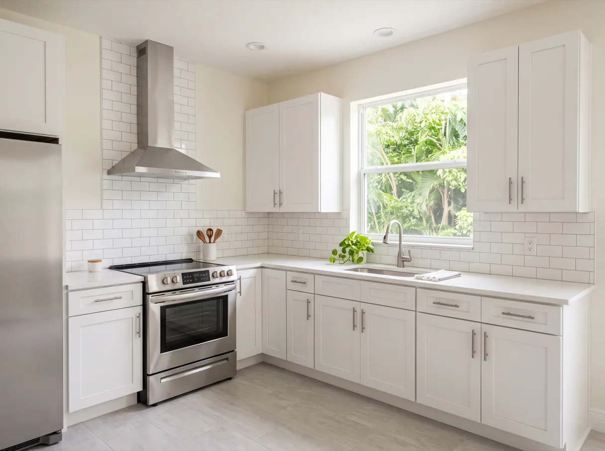 Where a countertop seam should go in Davie: a finished L-shaped kitchen with a white quartz countertop turning an inside corner, white shaker cabinets and an undermount stainless sink under a window