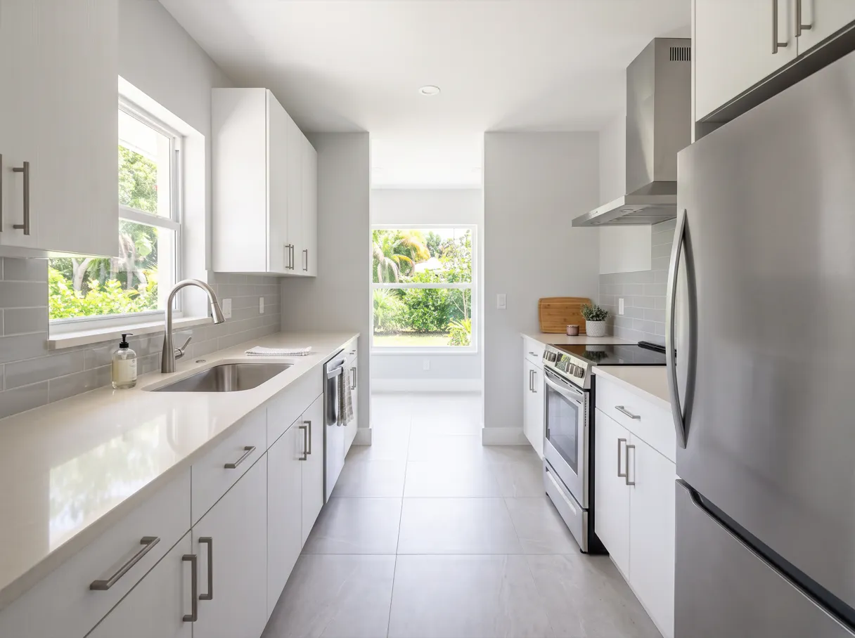 A finished galley kitchen with two facing runs of light quartz countertop, white cabinets, a stainless range on one side and the sink on the other