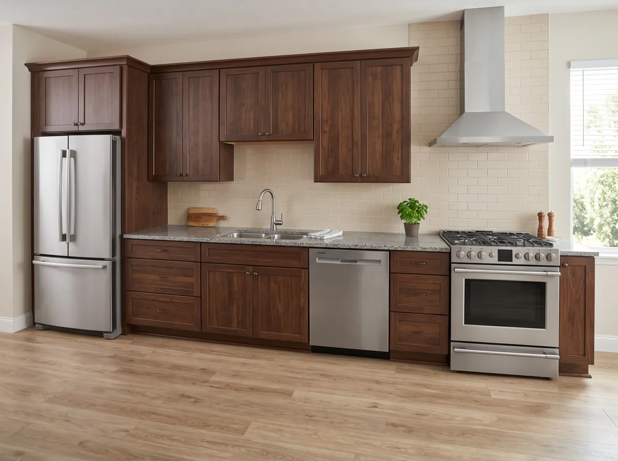 A finished kitchen with a long gray granite countertop, a stainless dishwasher beside the sink cabinet, dark wood cabinets and a range at the far end of the run