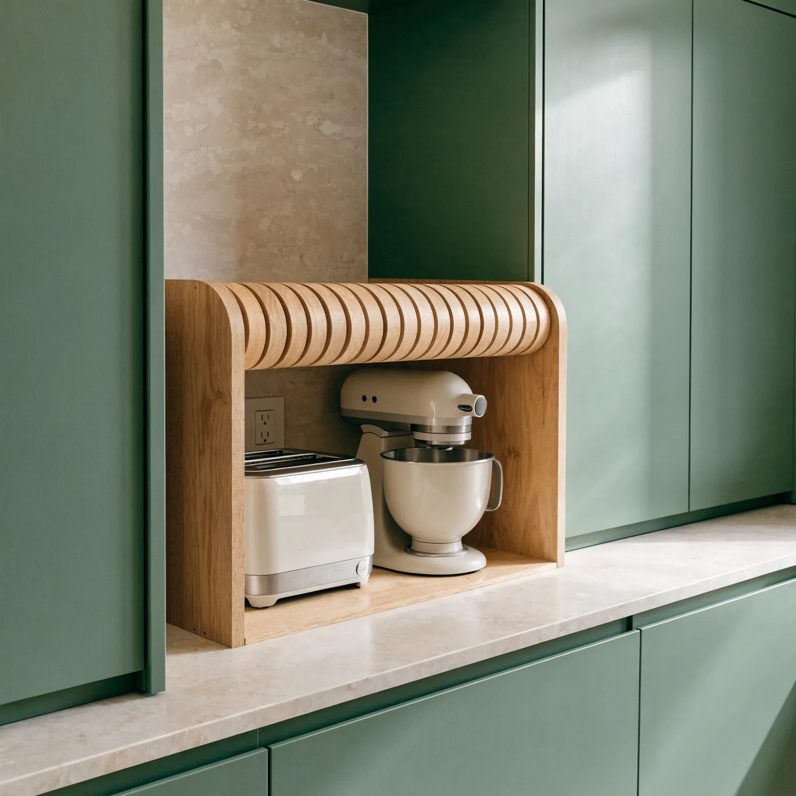An appliance garage on the counter with its tambour door half rolled up, a toaster and a stand mixer inside it and an outlet on the back panel