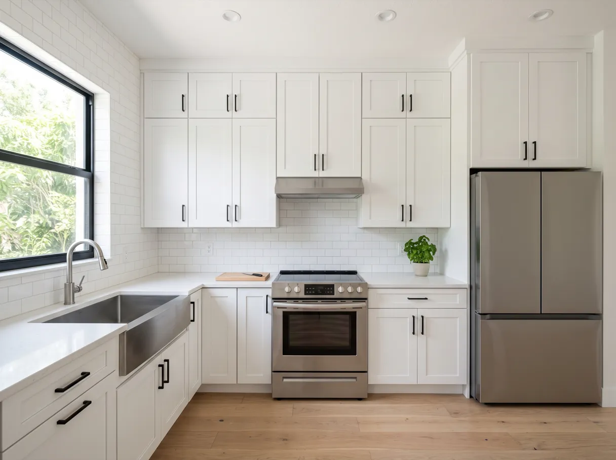 What you get for the price of custom cabinets in Davie: a finished kitchen with white shaker cabinets carried to the ceiling, a white quartz countertop, black bar pulls and a stainless steel range