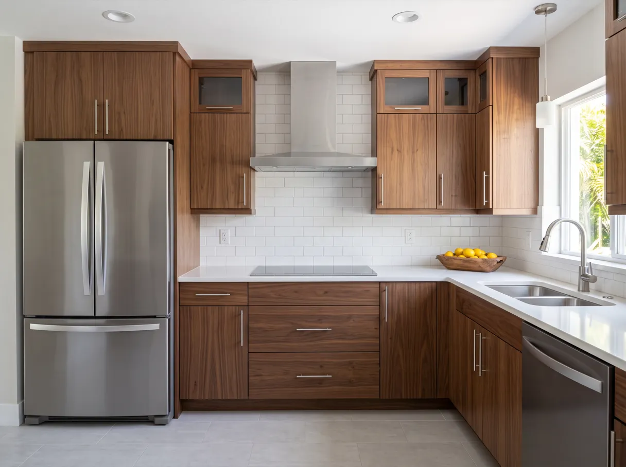 A finished kitchen with walnut flat panel cabinets, a white quartz countertop, deep drawers under the cooktop and a stainless steel hood