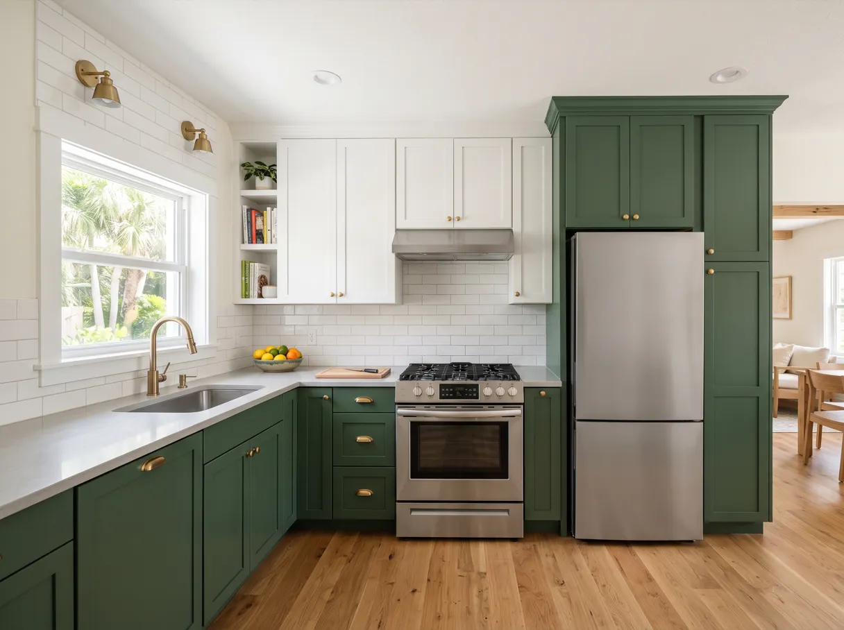 A finished kitchen with deep green base cabinets, white upper cabinets, a light quartz countertop and a tall pantry cabinet beside a stainless steel refrigerator