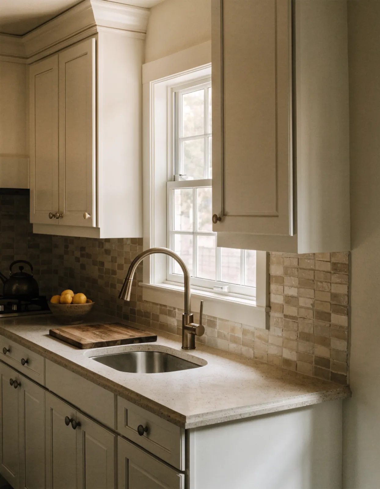 Custom kitchen cabinets Davie, FL: a finished run of painted shaker cabinets carried to the ceiling and scribed tight to the wall at the corner, with no filler strip