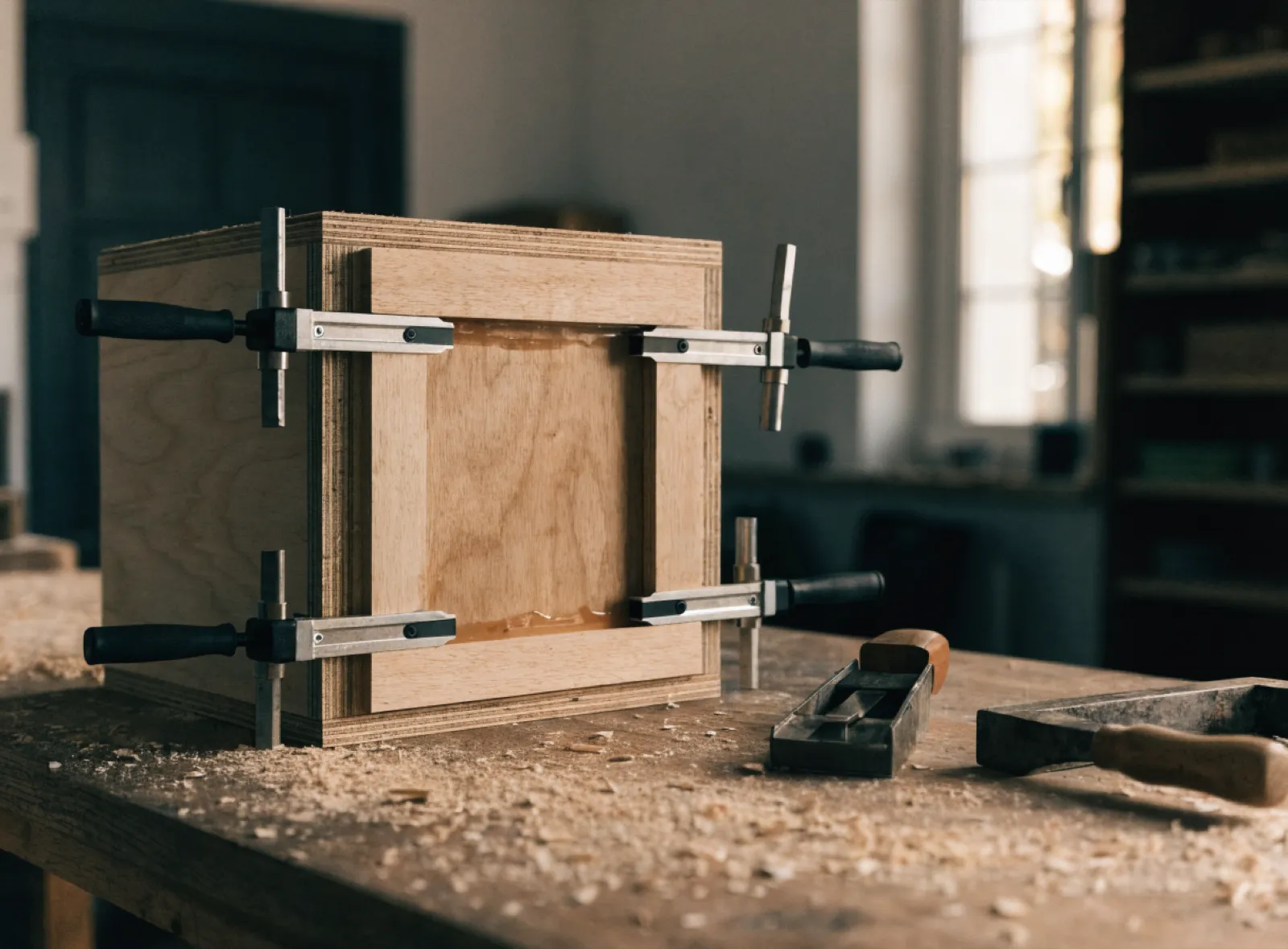 Custom kitchen cabinets in Davie, FL: a plywood cabinet box on the shop bench with its face frame clamped in place before finishing