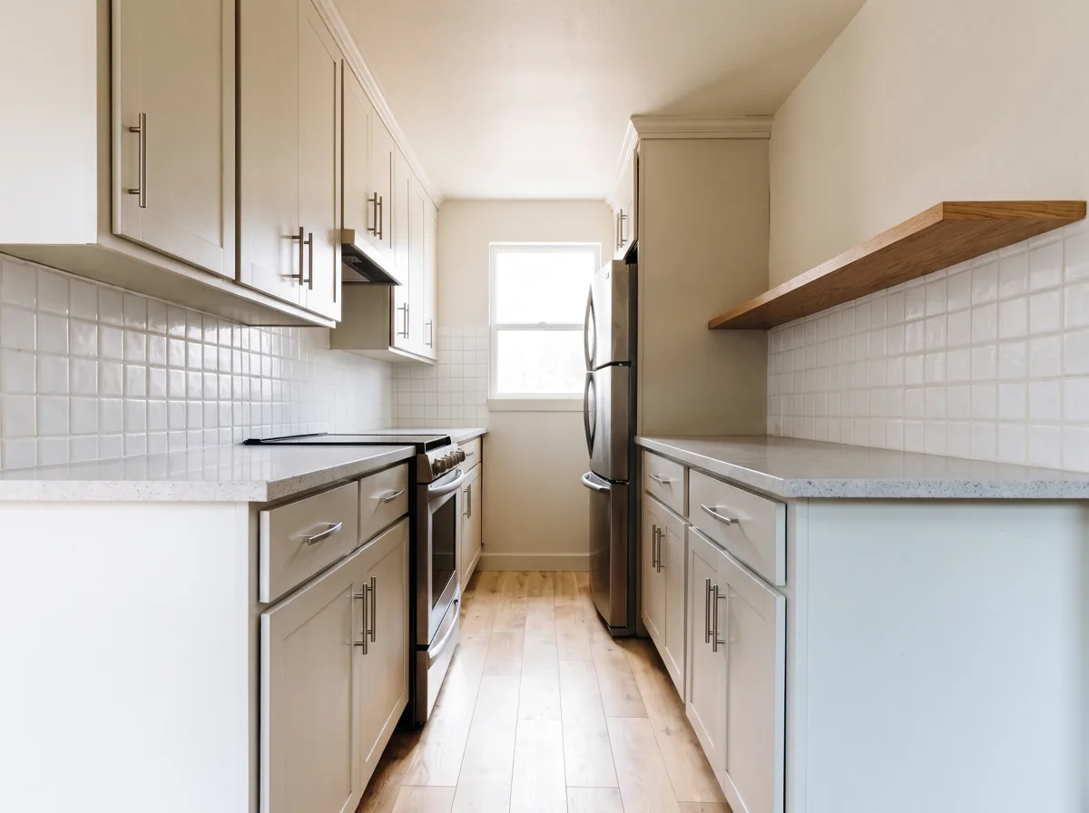 Galley kitchen in Davie, FL with the upper cabinets removed on one wall and a floating shelf in their place