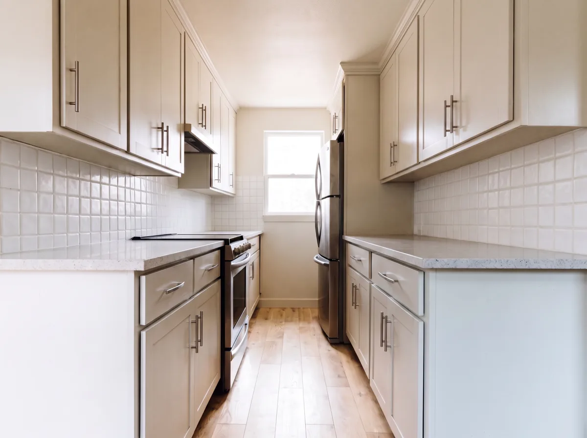 A Davie galley kitchen with wall cabinets above both parallel counters, the aisle between them reading tight from one end of the room to the other