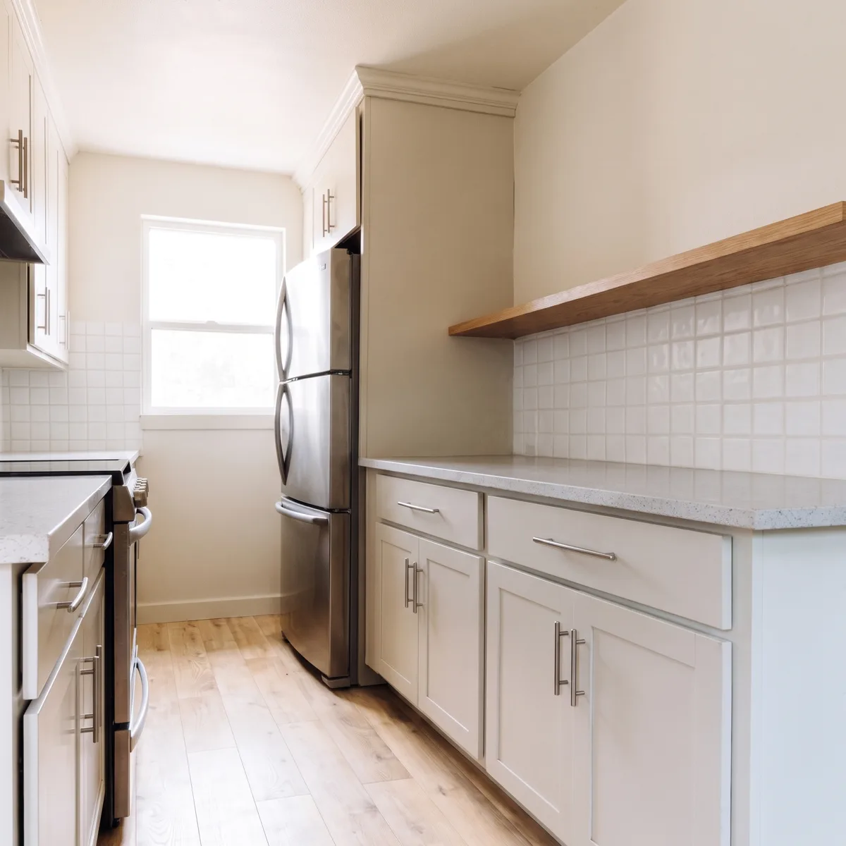 A counter-depth stainless refrigerator in a Davie galley kitchen seen from the side, its door sitting nearly flush with the cabinet run beside it