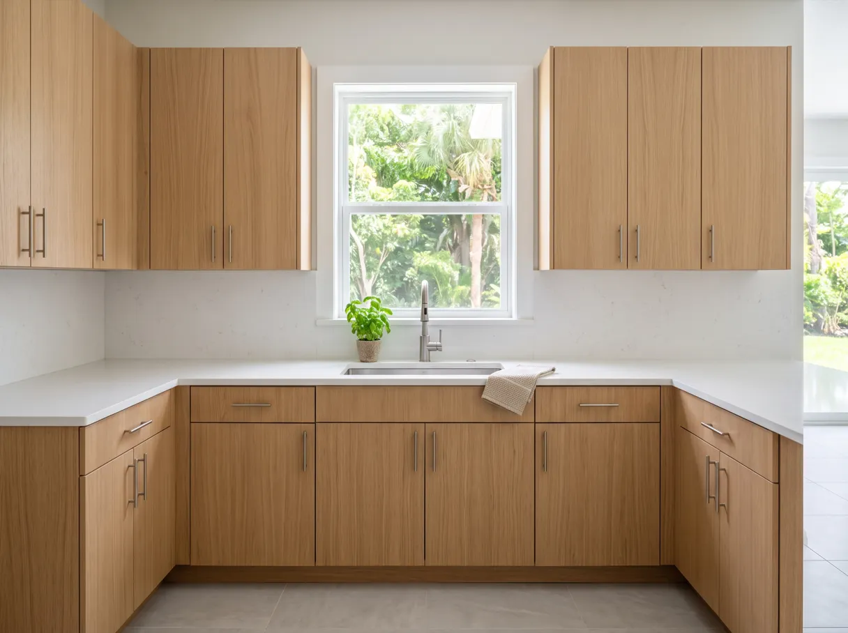 Can a garbage disposal go on a septic tank in Davie: a finished kitchen with an undermount stainless steel sink in a white quartz counter, a pull-down faucet, a window above the sink and light oak flat-panel cabinets below it