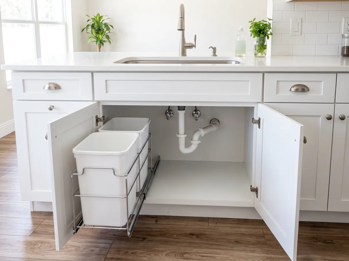 A finished kitchen with white shaker cabinets, the two doors of the sink base open to show a pull-out trash bin beside the white drain pipe, under a stainless steel sink