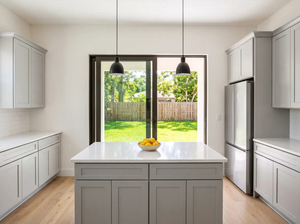 A finished kitchen with light gray shaker cabinets and a white quartz island, and a sliding glass door at the back that opens onto a green backyard lawn