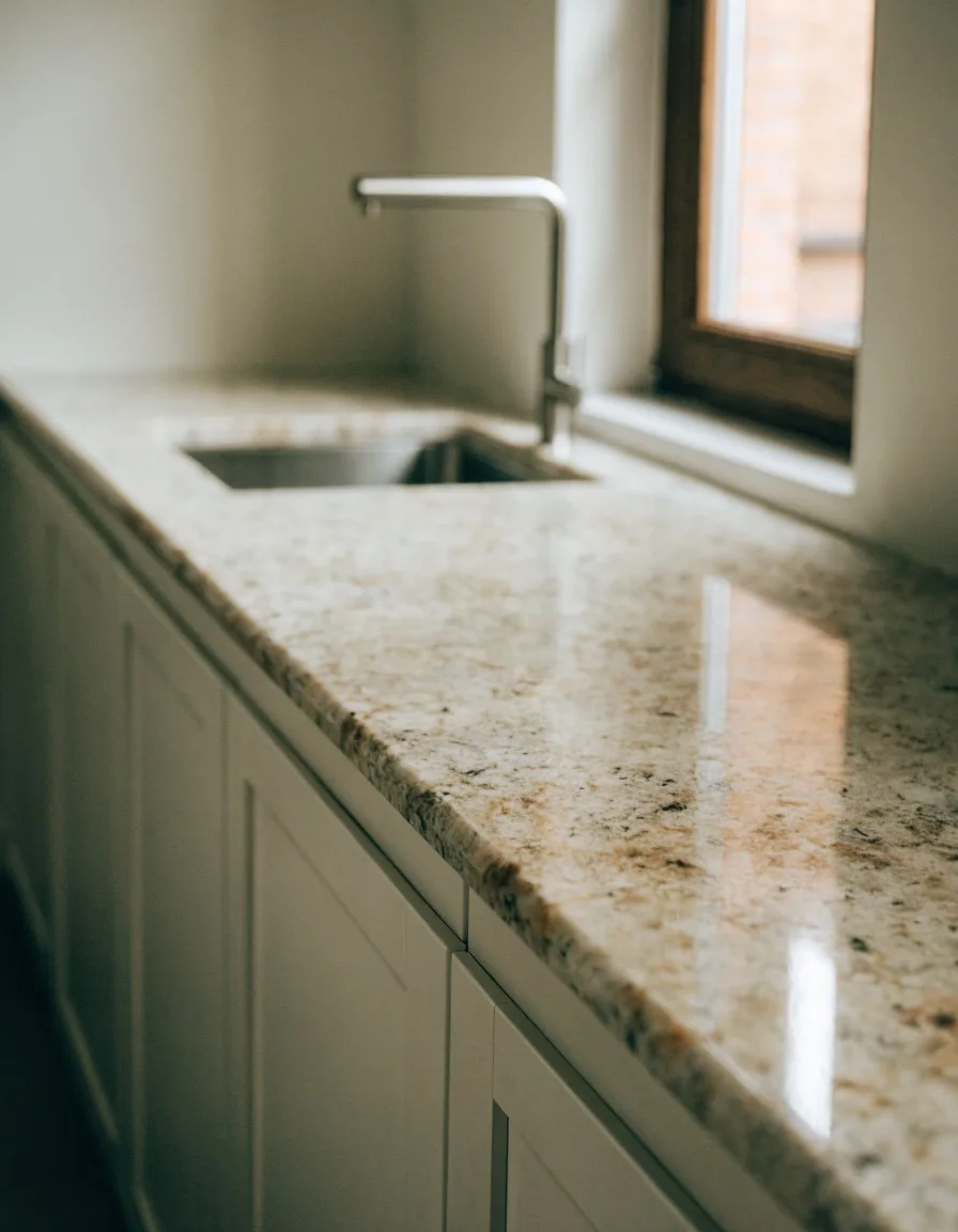 Granite countertop installation Davie, FL: a warm cream granite run with amber and charcoal speckling and a stainless undermount sink