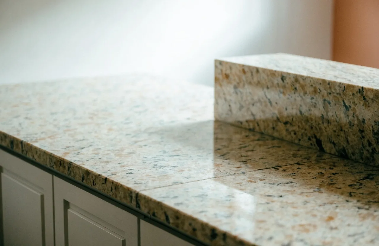 A granite run carried around an inside corner onto the second wall with the seam between the two slabs tightly matched