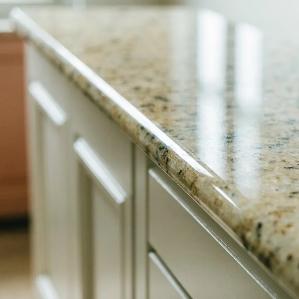 Polished granite in a Davie kitchen, the glossy surface reflecting the window light across the stone
