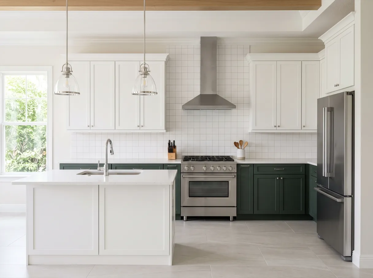 A finished kitchen with a white island under two pendant lights, dark green base cabinets and a stainless steel range under a chimney hood on a white tiled wall