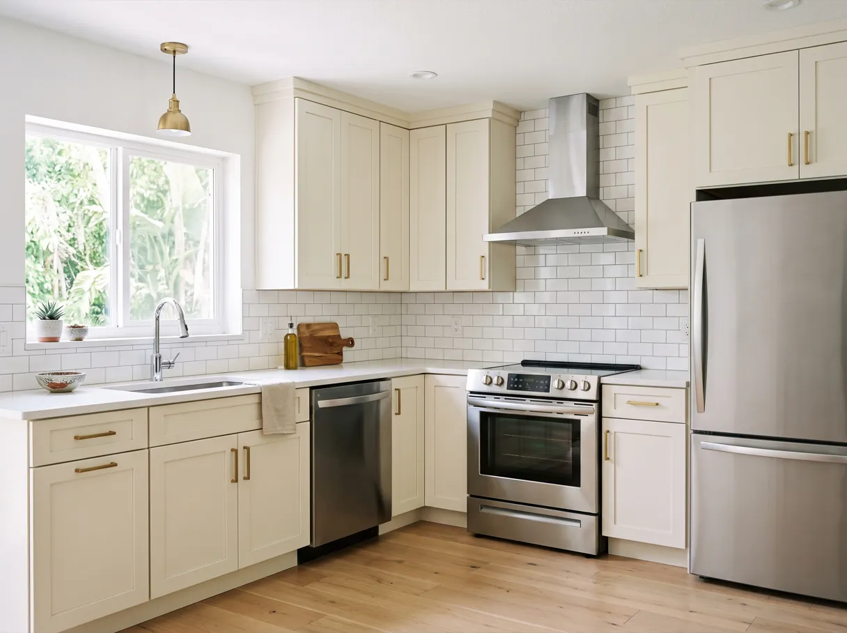Which kitchen jobs a handyman can legally do in Davie: a finished kitchen with cream shaker cabinets, a white quartz countertop, a white subway tile backsplash and a stainless steel dishwasher beside the sink