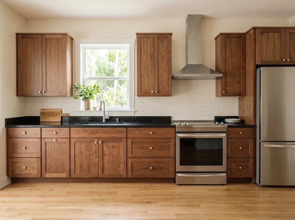 A finished kitchen with walnut wood cabinets, a black granite countertop, brushed nickel knobs and a light wood plank floor