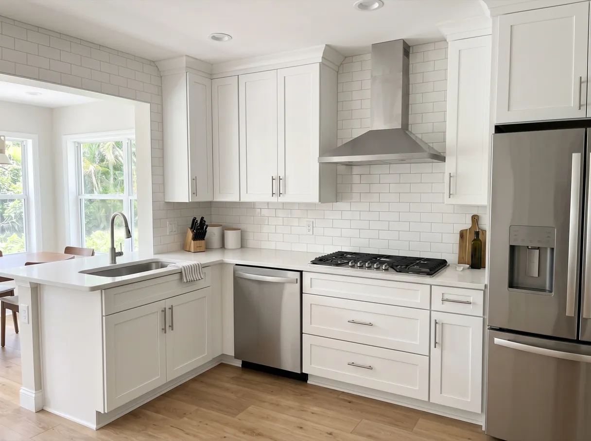 A finished kitchen with three deep drawers stacked under the cooktop, a stainless steel hood on the wall above them and painted wall cabinets running to the corner of the room
