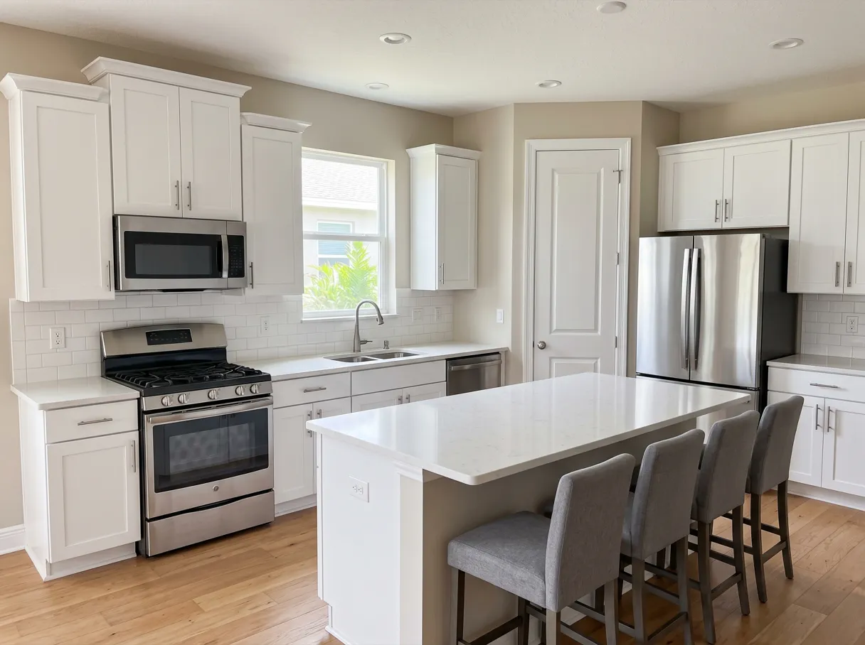 A finished kitchen with a double bowl undermount sink under the window, a walk-in pantry door beside the refrigerator and a central island with four stools