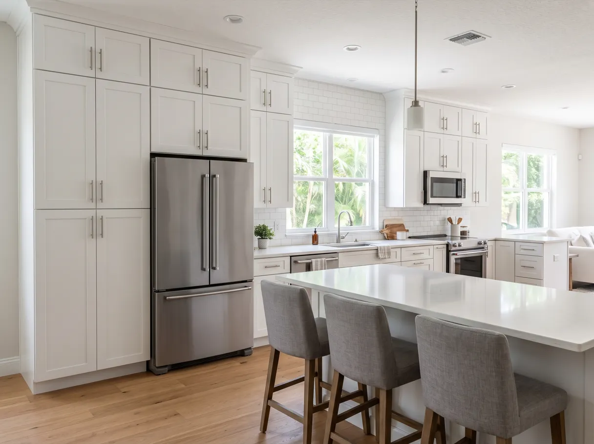 How custom cabinets affect resale value in Davie: a finished kitchen with painted cabinets carried to the ceiling, a tall pantry beside the refrigerator and a quartz-topped island with three stools