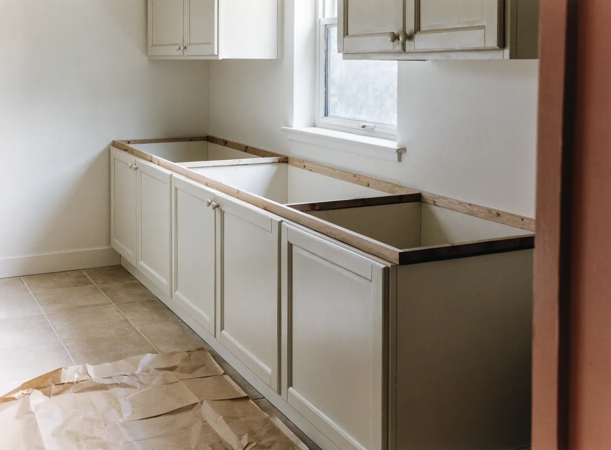How long a full kitchen remodel really takes in Davie, FL: a kitchen mid install with the cabinets standing and no countertop yet