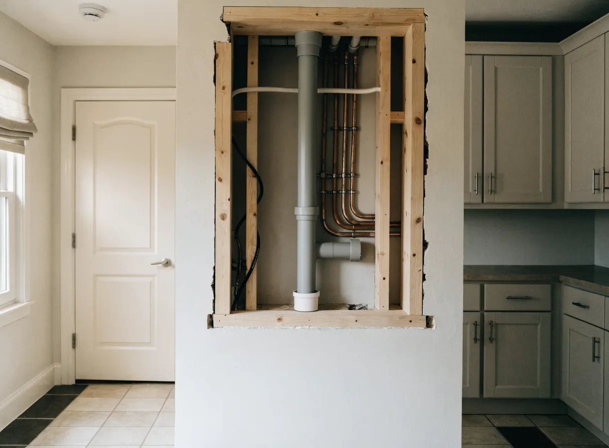 A kitchen rough-in open for inspection in a Davie, FL house