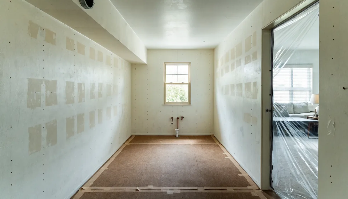 Kitchen demolition Davie, FL: a kitchen stripped and swept clean, pale marks on the wall where the cabinets were, capped water and drain stubs under the window, the floor covered end to end with protective panels and plastic sealing the doorway to the living room